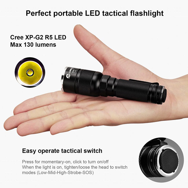 Tail Switch Tactical LED Flashlight 130 Lumens 1 Hour Output Cree XP-G2 R5 LED